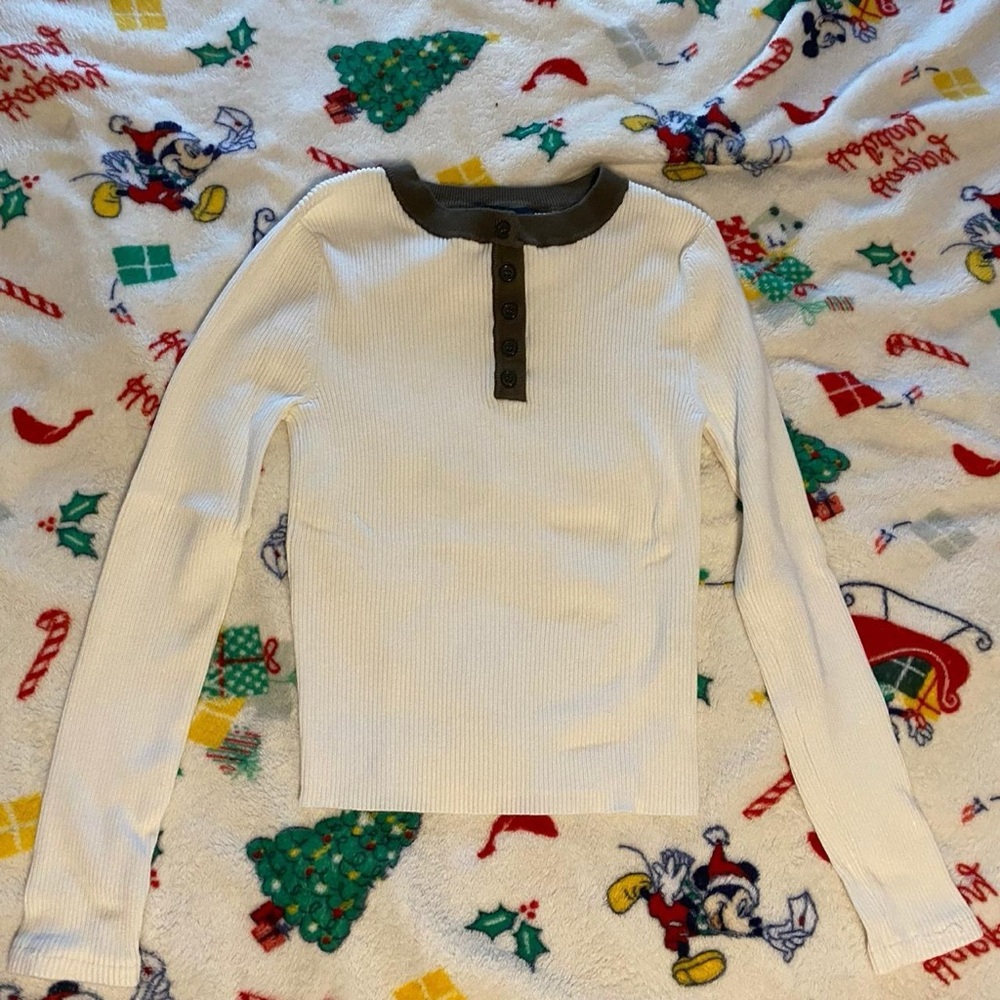 White Ribbed Long Sleeve with Olive Trim
